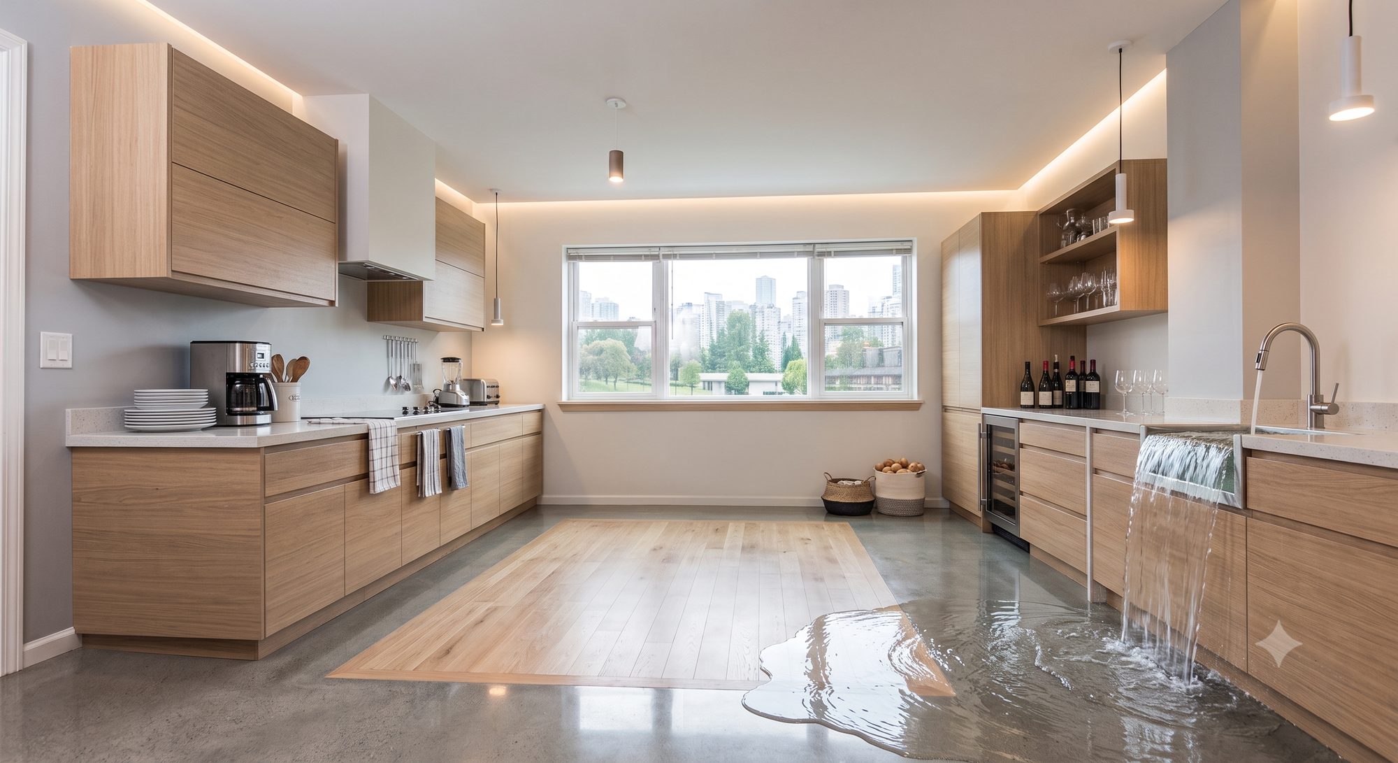 A modern condo kitchen with water pouring over the sink and spreading across the floor.