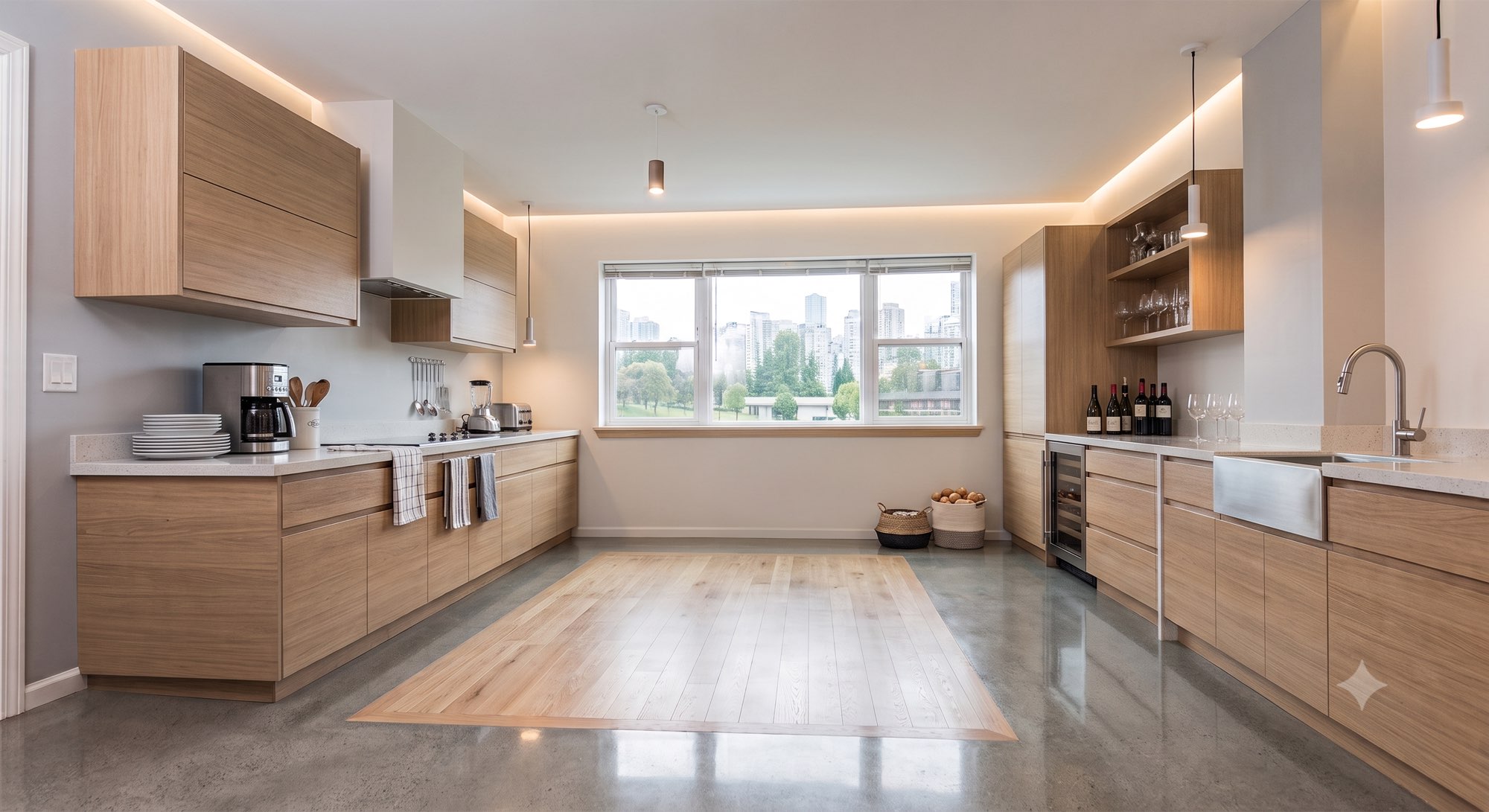 A modern condo kitchen looking out over the city.